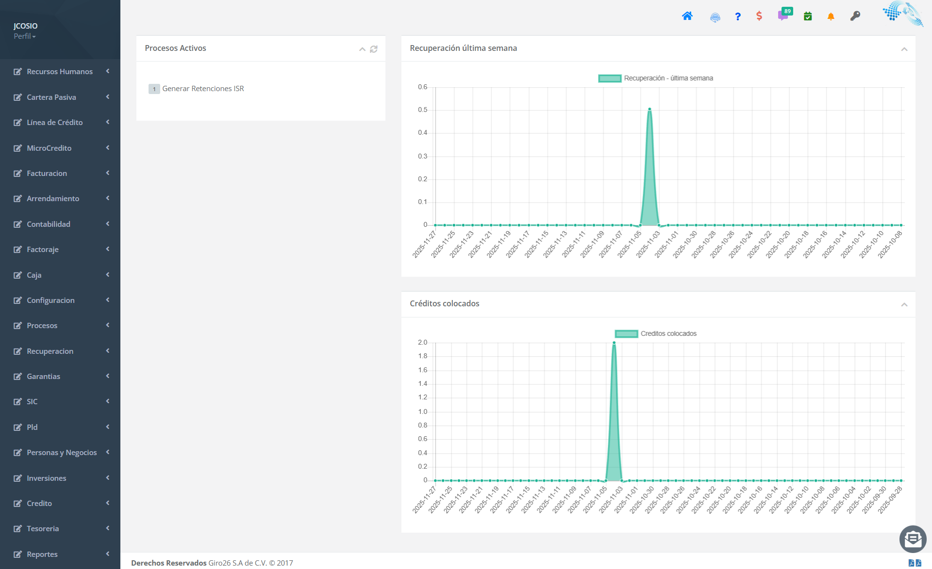 Vista previa del sistema Giro26 con módulos de crédito, arrendamiento y factoraje